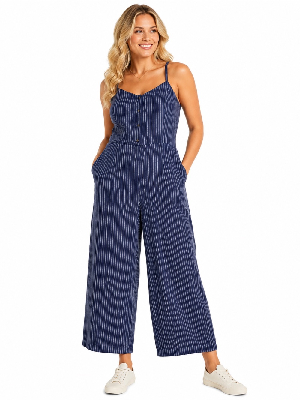 Old Navy Linen Blend Jumpsuit XXL Tall Navy Stripe Wide Leg Pockets Coastal